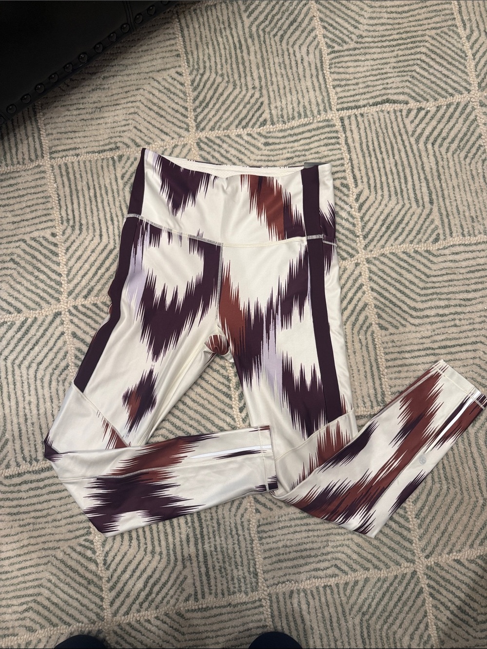 CALIA by Carrie Underwood White Leggings with Purple & Brown Ikat Print